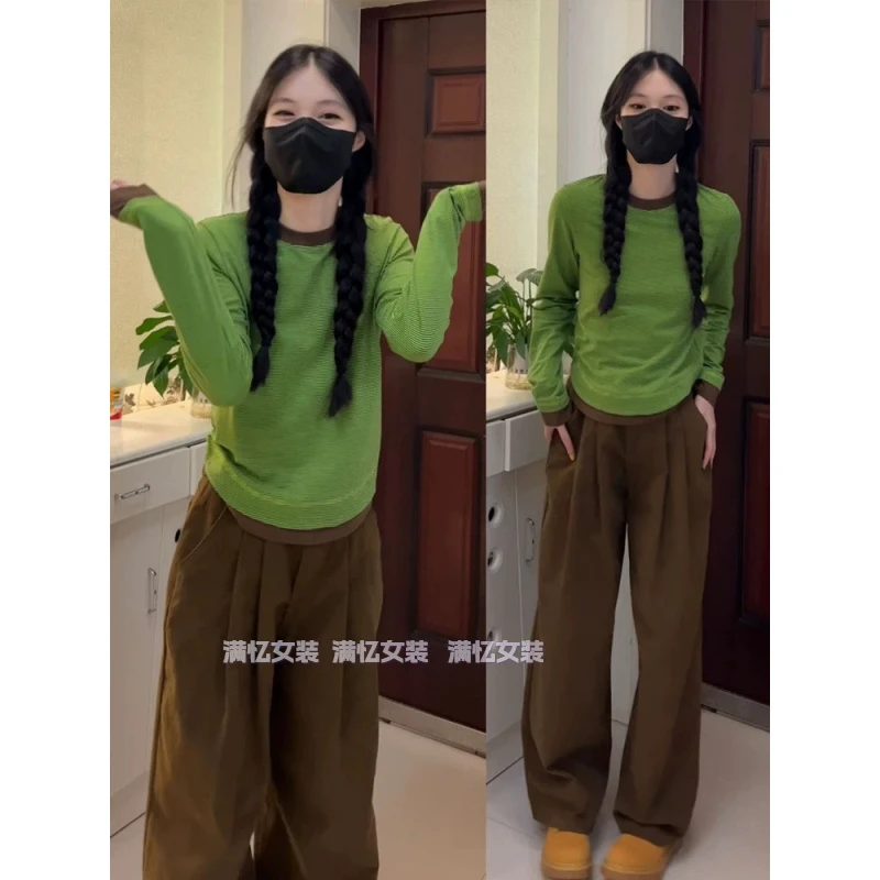 韩系绿色小清新假两件长袖T恤女秋季小个子修身显瘦咖色裤子套装