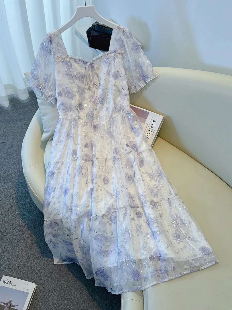 YH-66945大码女装胖mm气质温柔风碎花撒银连衣裙夏季新款中长裙