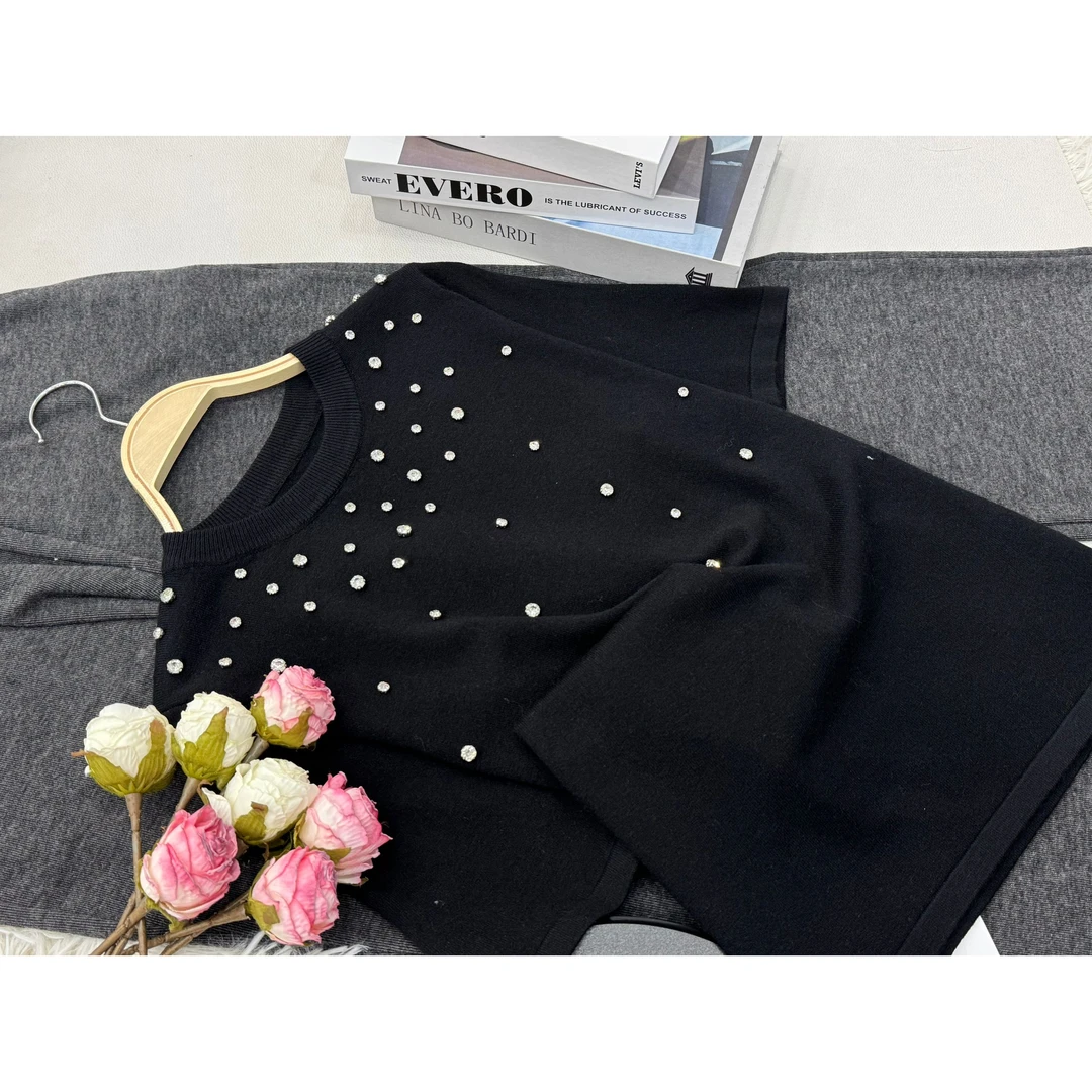 【黑色钉珠套头】夏款百搭时尚优雅短袖上衣QC2403