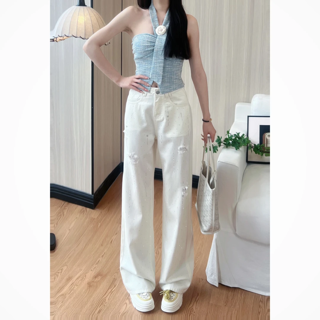 莱赛尔牛仔裤女新款白色阔腿小个子女款破洞夏季薄款牛仔阔腿裤