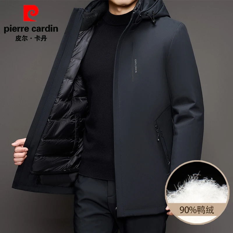 皮尔卡丹男士新款休闲百搭中长款鸭绒可脱卸内胆连帽羽绒服