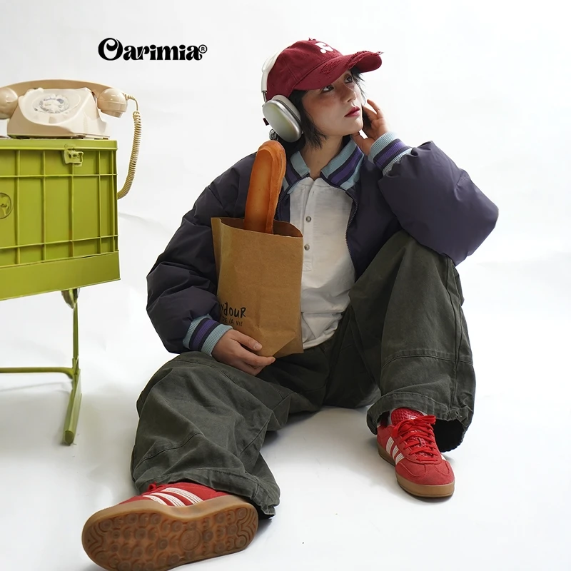 oarimia日系立领加厚工装棒球羽绒服男女冬季保暖短款羽绒外套