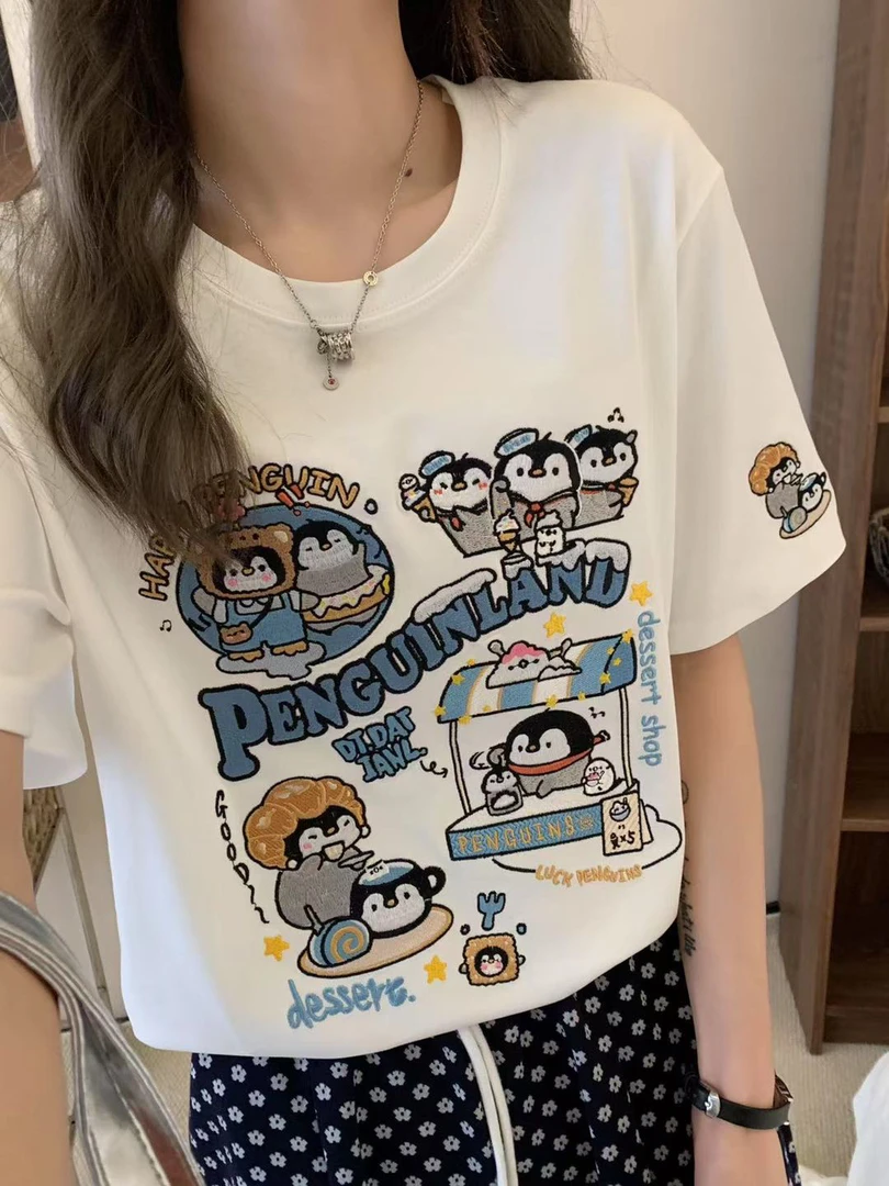 牛角包企鹅重工刺绣宽松百搭休闲T恤女套头短袖T恤韩版刺绣T恤女
