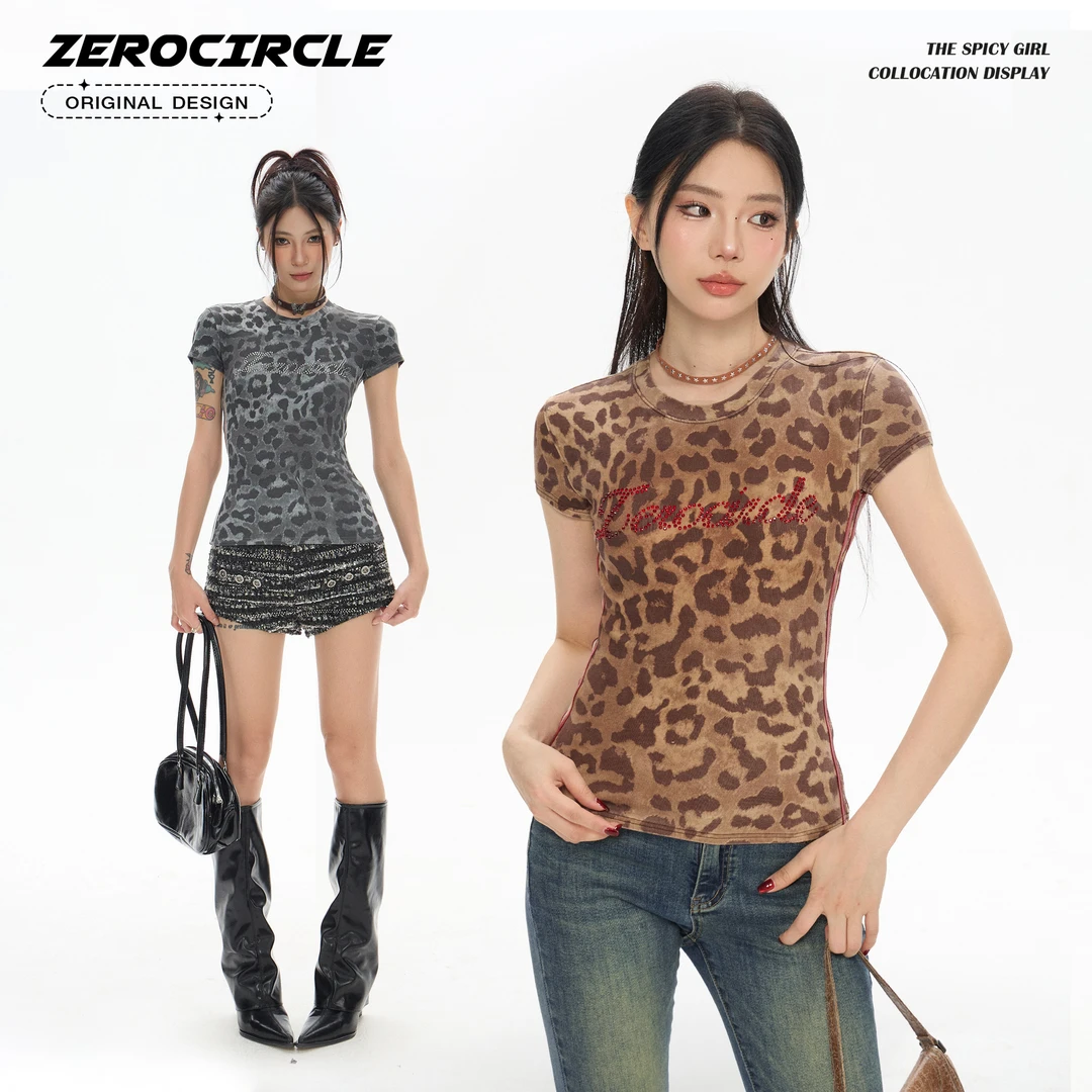野生zero 烫钻撞色织带修身豹纹短袖T恤夏季设计感上衣 T32722E52