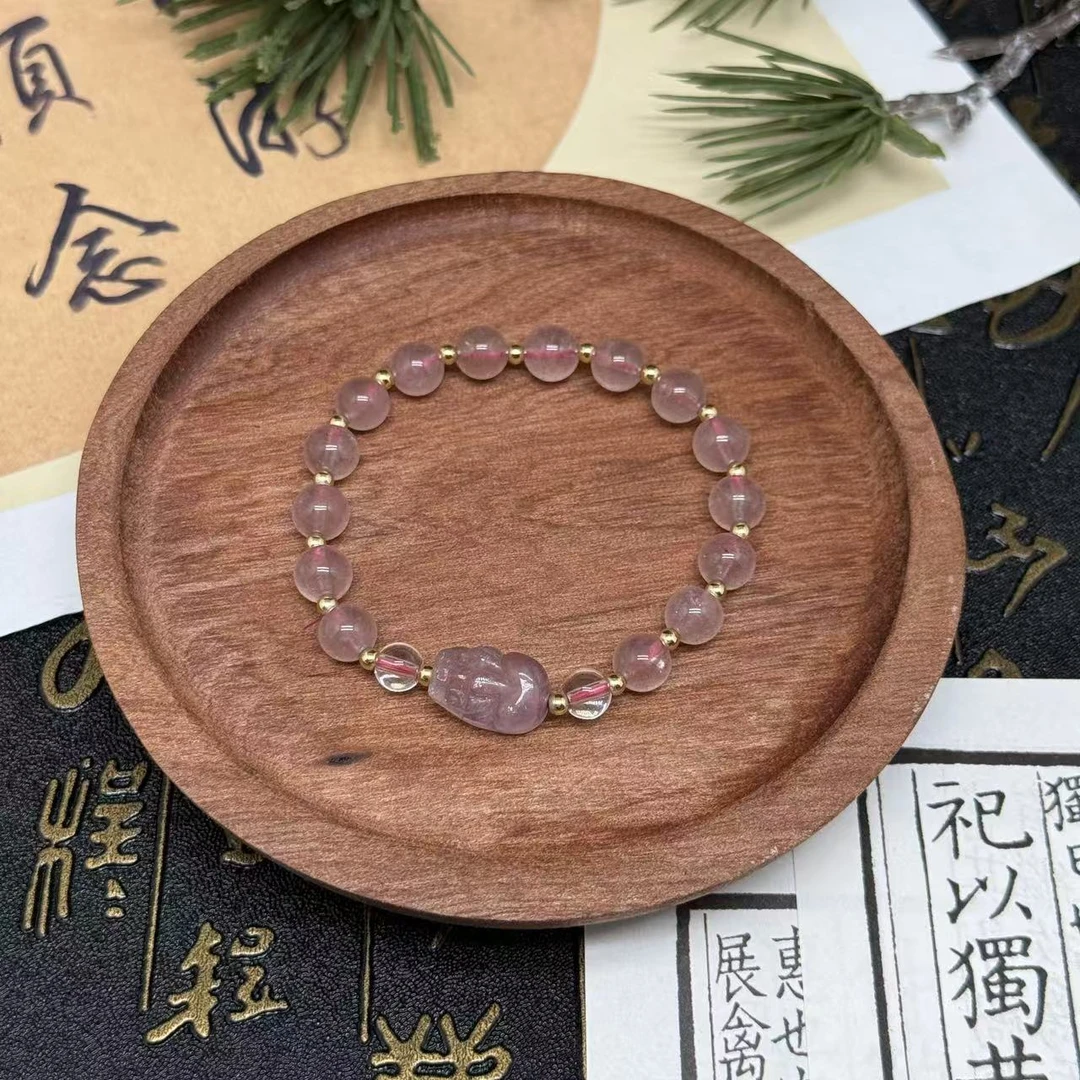 天然水晶然草莓晶配水晶貔貅单圈手串 多样性发一CMJ80490