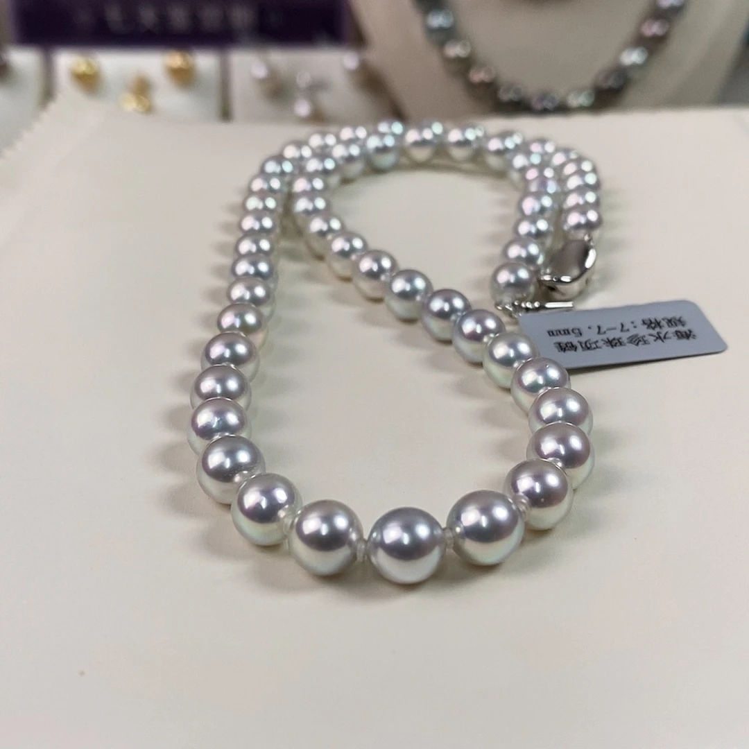 项链海水珍珠银S925镶嵌7-7.5m日本真多麻海水珍珠项链无调色