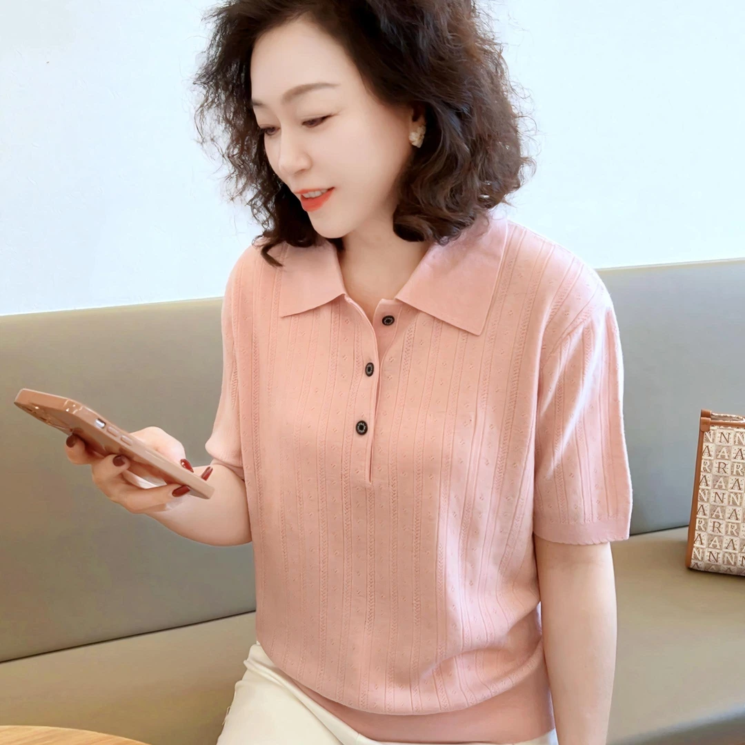 【薄款羊毛短袖】2025新款宽松女士（2567）休闲百搭夏季翻领显瘦显瘦