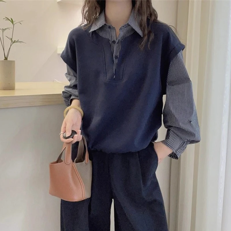 设计拼接撞色翻领卫衣女秋季微胖大码显瘦上衣复古格子假两件衬衫