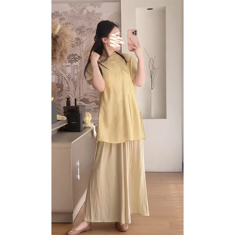 2025夏季新款女复古风立领系带宽松短袖上衣气质高腰显瘦阔腿长裤