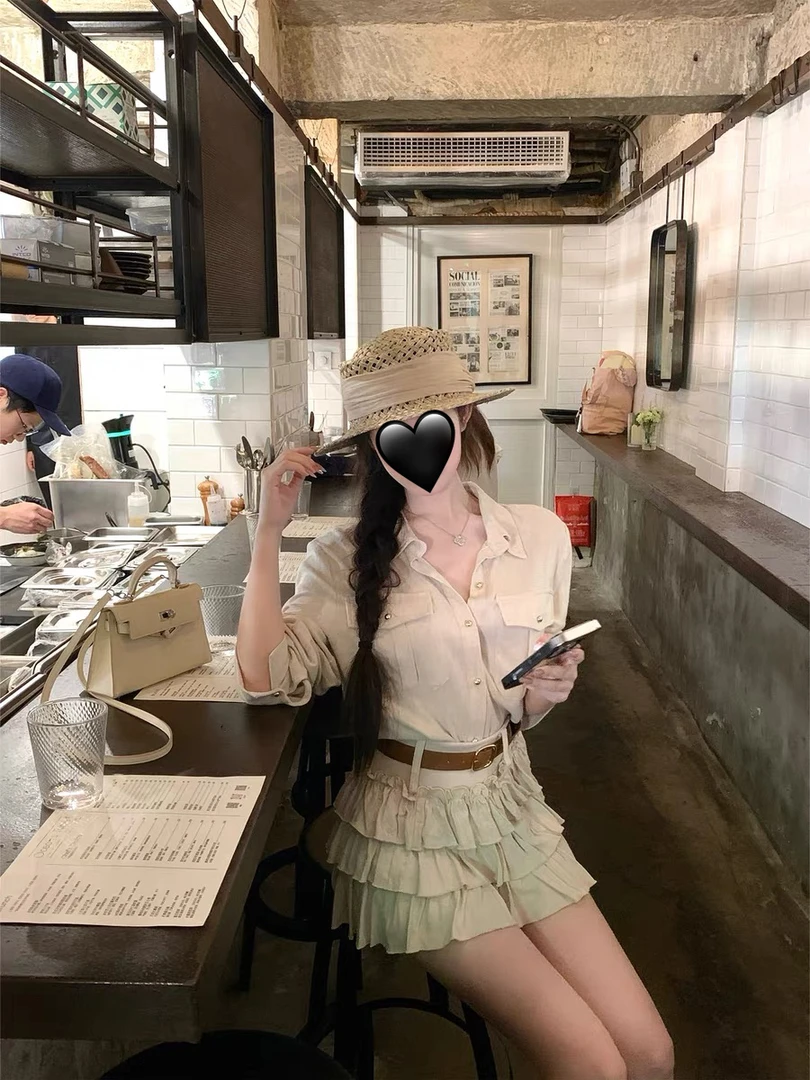 老钱风套装松弛感亚麻正肩衬衫上衣女高腰显瘦蛋糕裙半身裙两件套