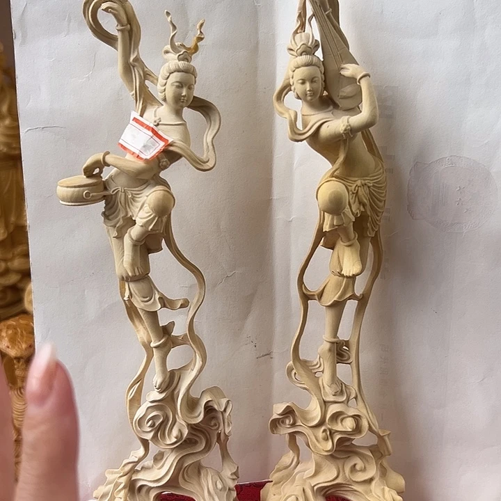 黄杨木敦煌飞天一对23cm摆件