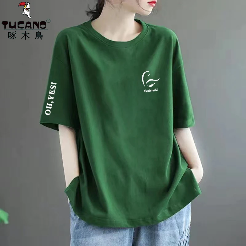 啄木鸟纯棉夏季新款韩版圆领短袖t恤女百搭小众休闲简约开叉上衣