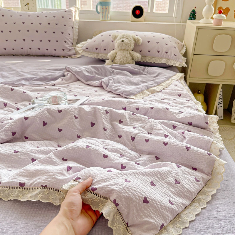 双层纱床单款蕾丝边夏被夏凉被空调被四件套748紫爱心