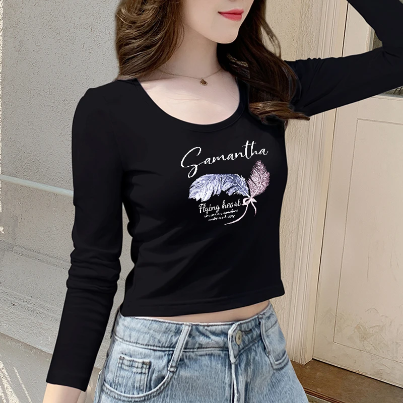 黑色短款t恤女长袖棉修身秋季2025新款高腰显瘦露脐打底衫上衣