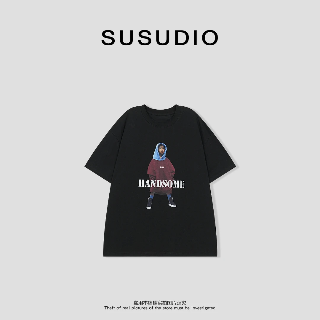 SUSUDIO 短袖圆领小孩印花宽松显瘦小众夏季T恤 10411