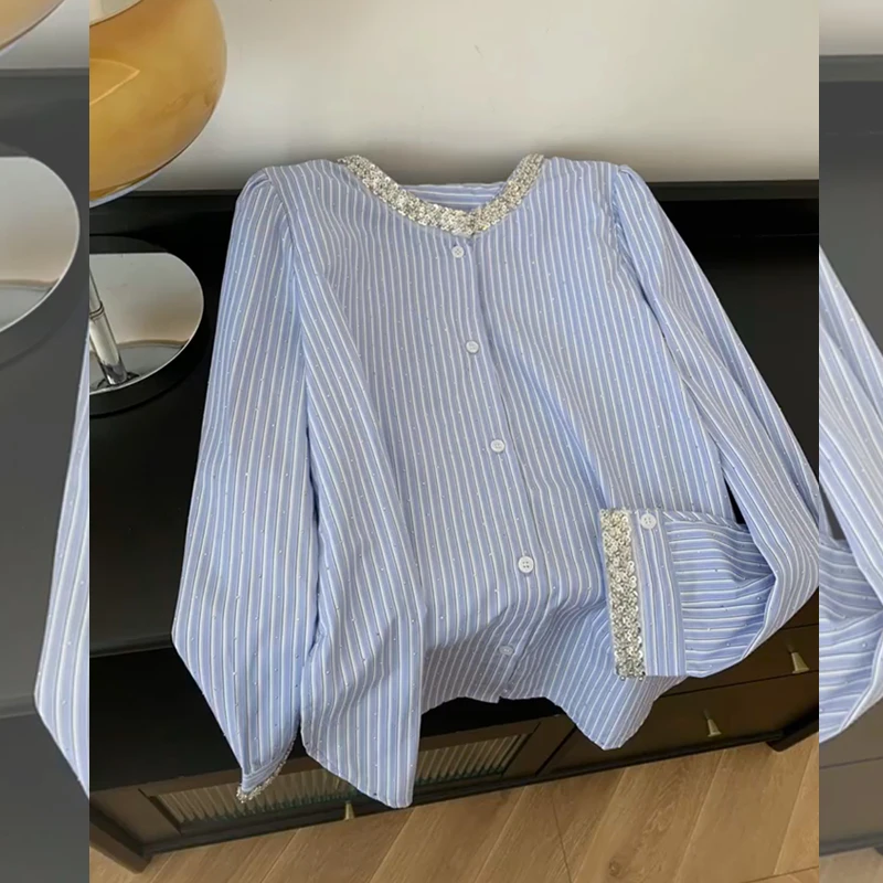 法式亮片蓝色圆领衬衫上衣女装早春新款开衫百搭宽松减龄小衫气质
