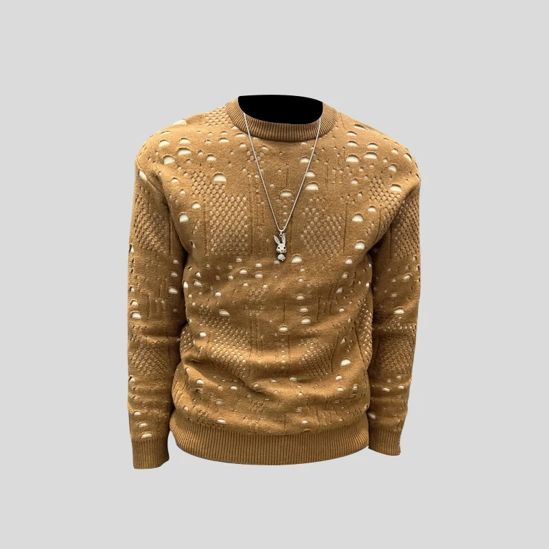 ohmmayby设计感潮牌圆领毛衣男秋冬款痞帅镂空破洞针织衫宽松内搭