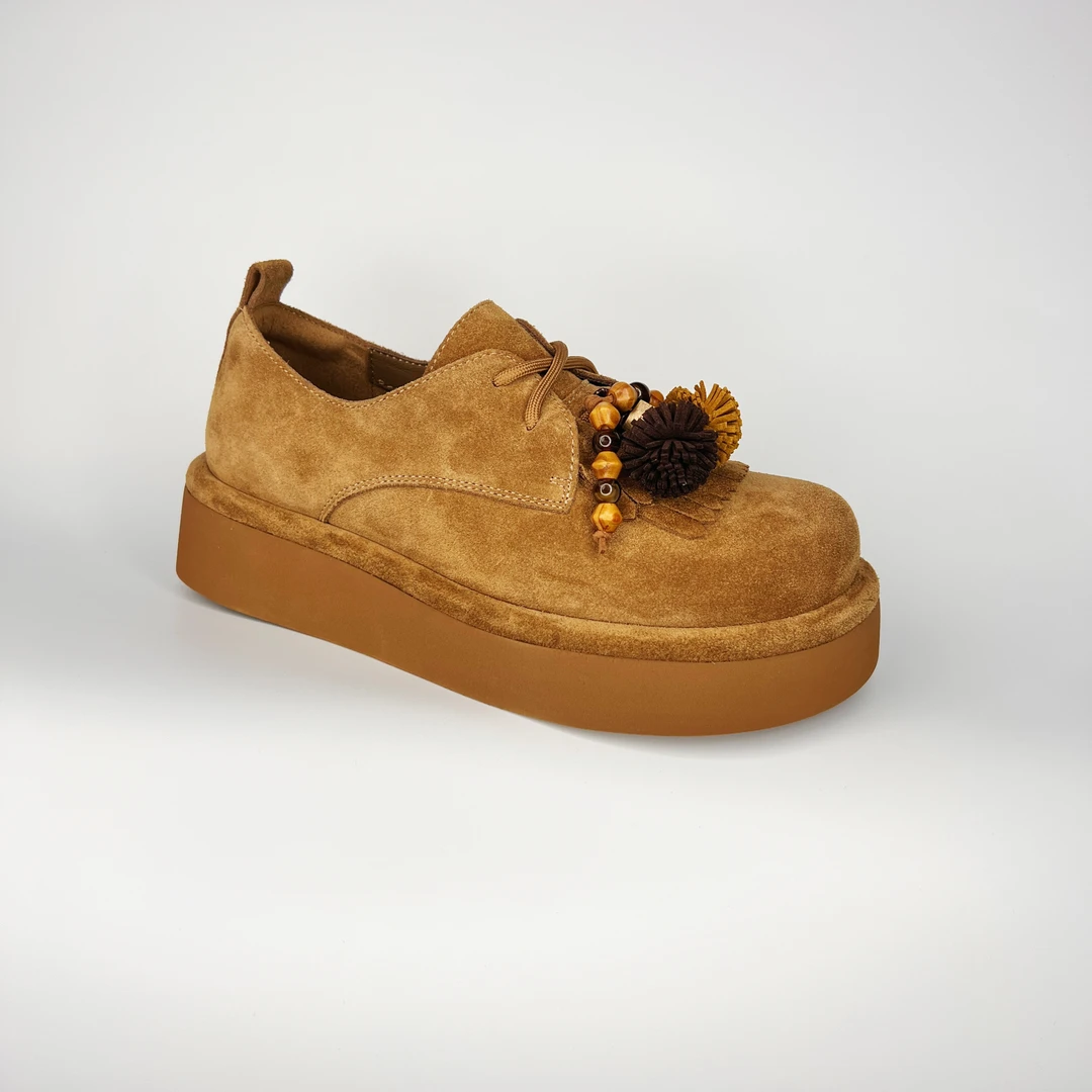 【聚新汇】629-13棕色厚底真皮百搭气质休闲通勤系带浅口乐福鞋复古