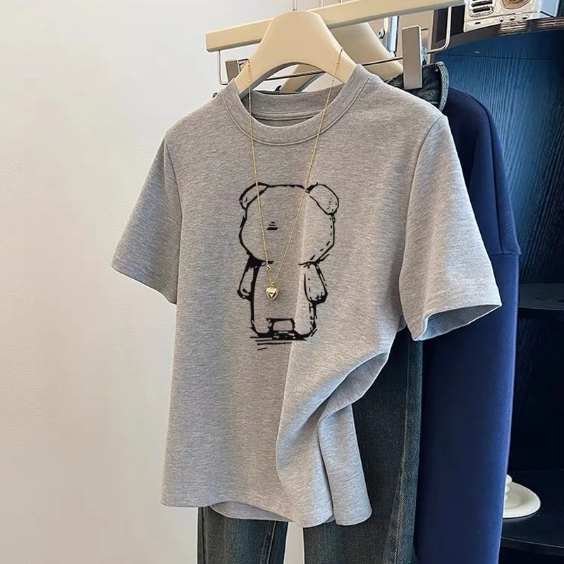 2025新款灰色正肩纯棉圆领短袖t恤女时尚减龄显瘦高级上衣夏季