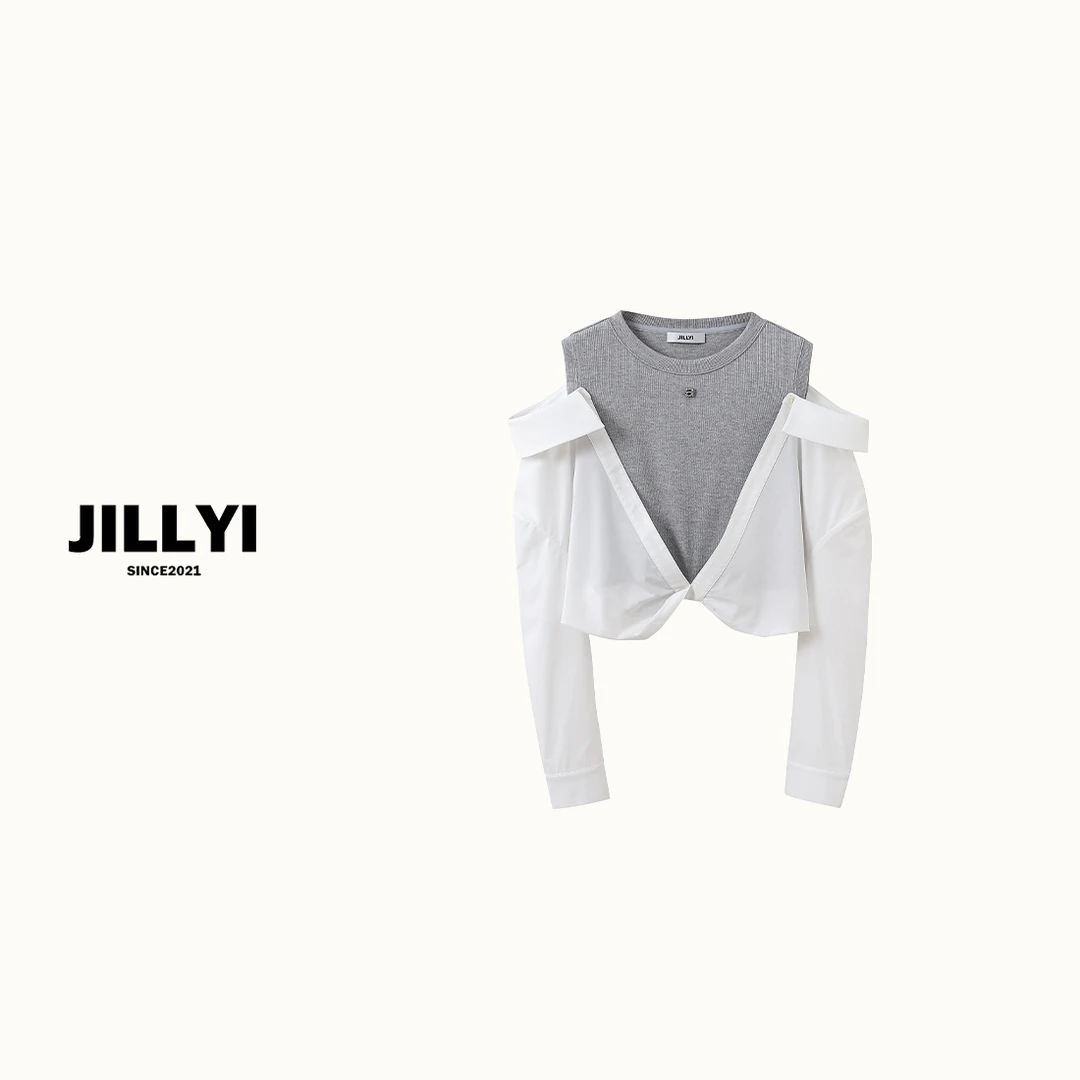JILLYI【大王拼色】灰色无袖背心+不规则衬衫小众时尚假两件