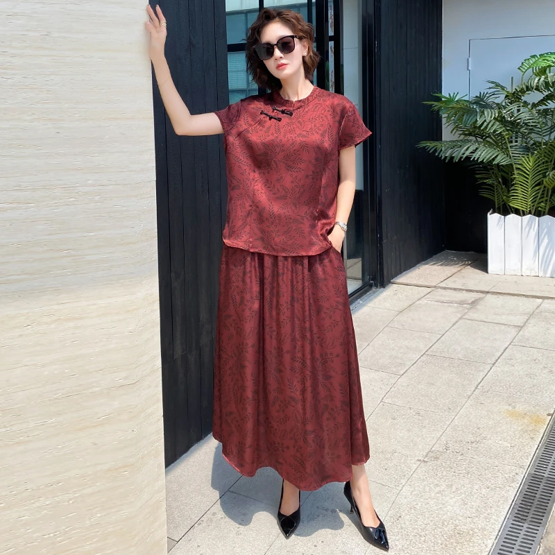 高级感醋酸两件套夏季新款宽松遮肚中式盘扣上衣搭半身裙气质套装