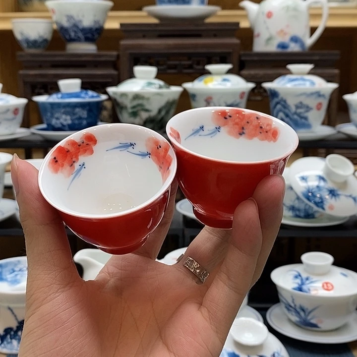 禅***心手绘龙船花杯子2个装高温瓷釉下彩微瑕福利款