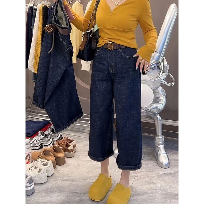 2025早秋阔腿奶奶裤大码小个子高腰显瘦宽松直筒九分法棍牛仔裤女