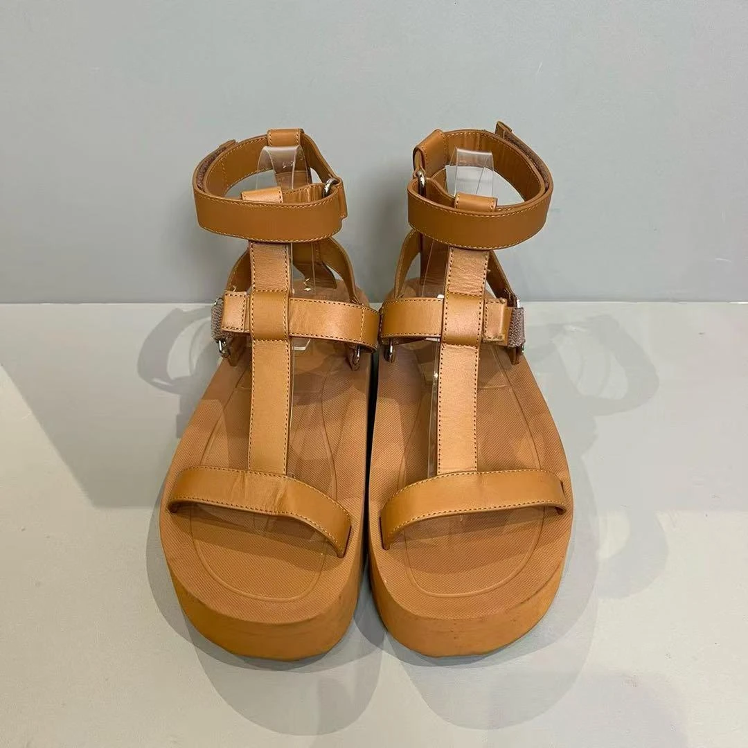 99新 Hermes/爱马仕 棕色 头层牛皮 罗马凉鞋 37.5