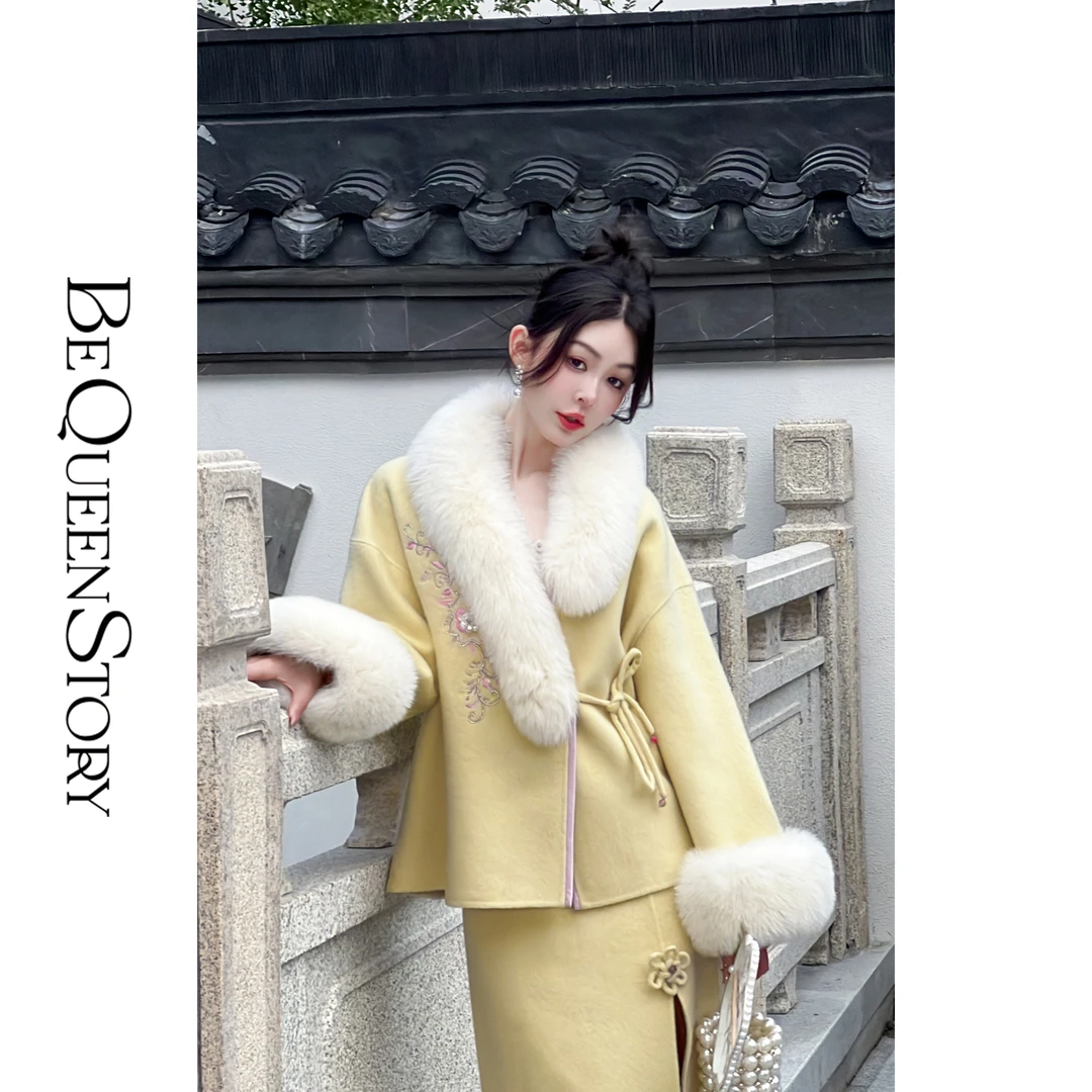 余潇潇【枕香如玉】新中式刺绣纤细澳毛拼接狐狸毛毛呢套装
