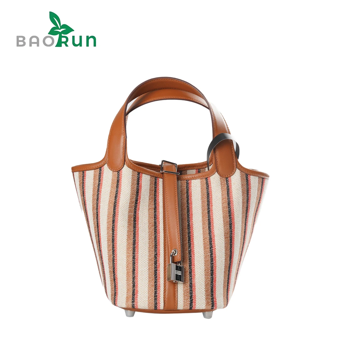 【帆布竖纹菜篮】经典复古菜篮包女士真皮拼接撞色手拎包通勤简约