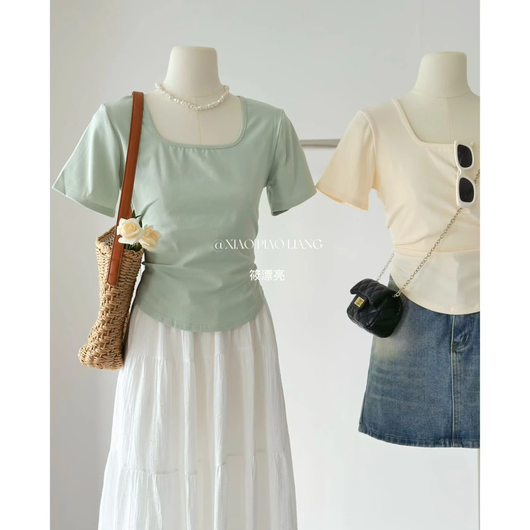 韩系方领短袖t恤女夏季百搭设计感显瘦别致气质短款上衣8521#0.2