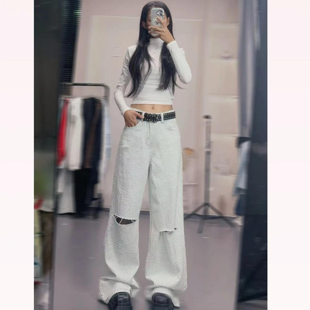 【提花颗粒】加长款大阔腿牛仔裤女