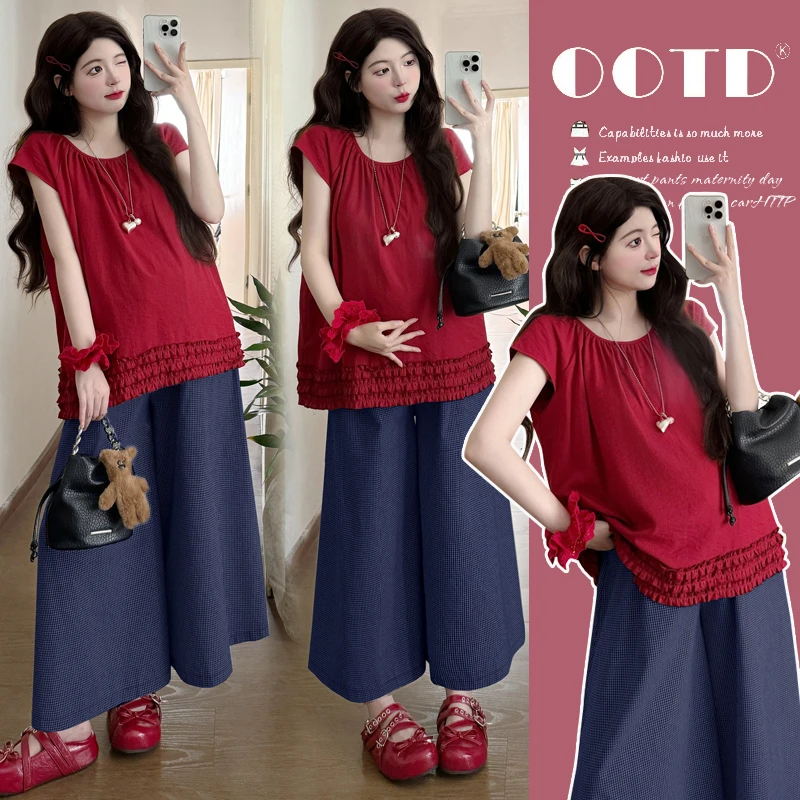孕妇装夏装2025新款韩系宽松甜美木耳花边孕妇衫上衣藏青色阔腿裤