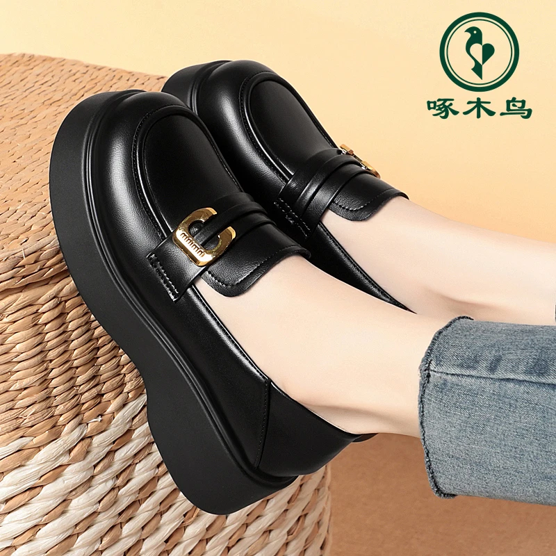 (啄木鸟)春季新款厚底软底乐福鞋英伦风小皮鞋轻便百搭女士单鞋