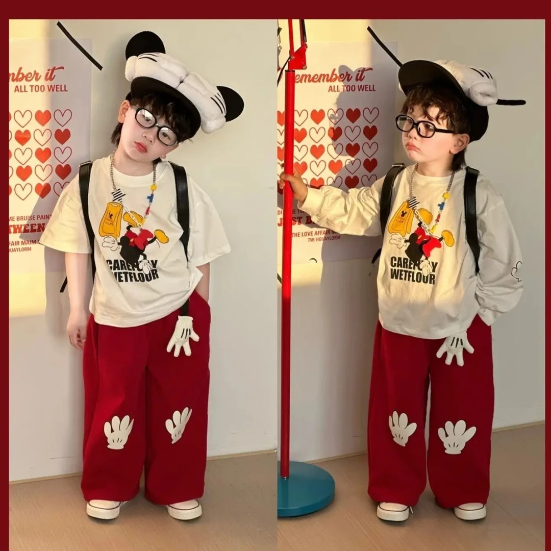 新疆包邮帅气可爱男童短袖老鼠卡通两件套夏季休闲纯色印花裤子套