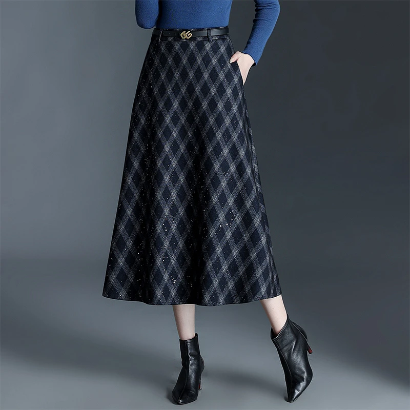 秋冬半裙高腰显瘦中长款a字裙子时尚百搭遮胯闪闪毛呢格子半身裙