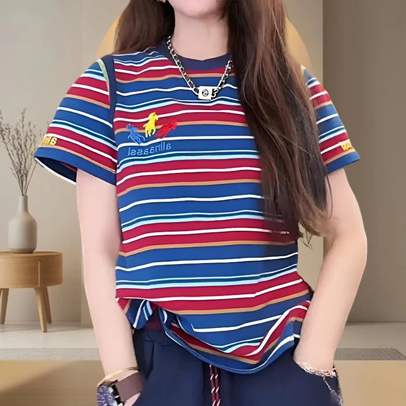 纯棉圆领条纹t恤女短袖2025夏季新款宽松休闲上衣女春游出行衣服