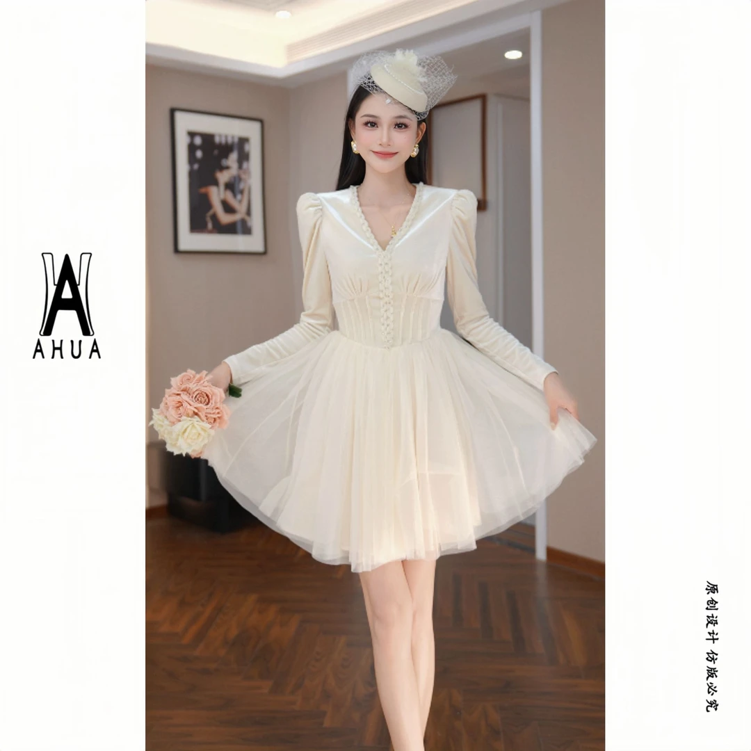 【花花原创】显瘦气质V领公主短裙复古洋气百褶拼接连衣裙 31340