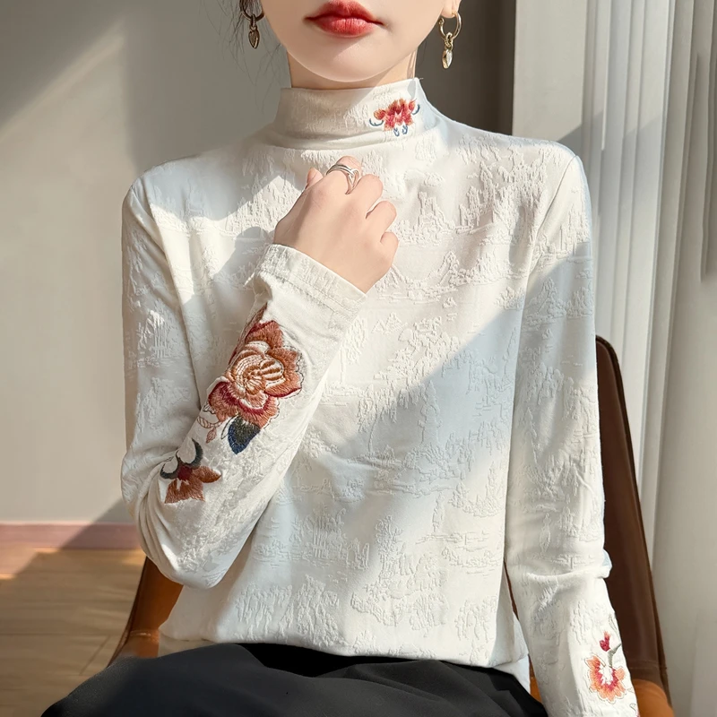 品牌女装秋冬时尚国风中式刺绣针织衫半高领内搭打底衫女上衣