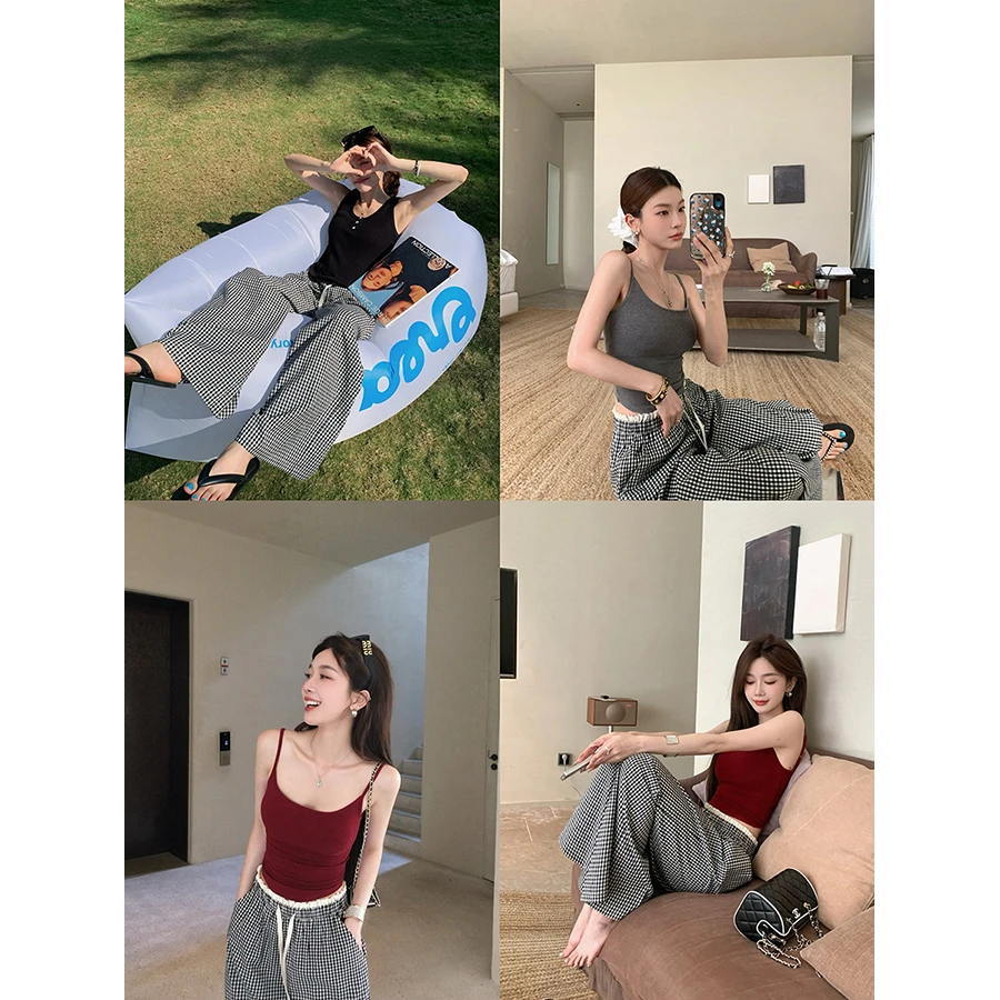 张贝贝 维纳周末 水洗棉 木耳花边格纹休闲裤