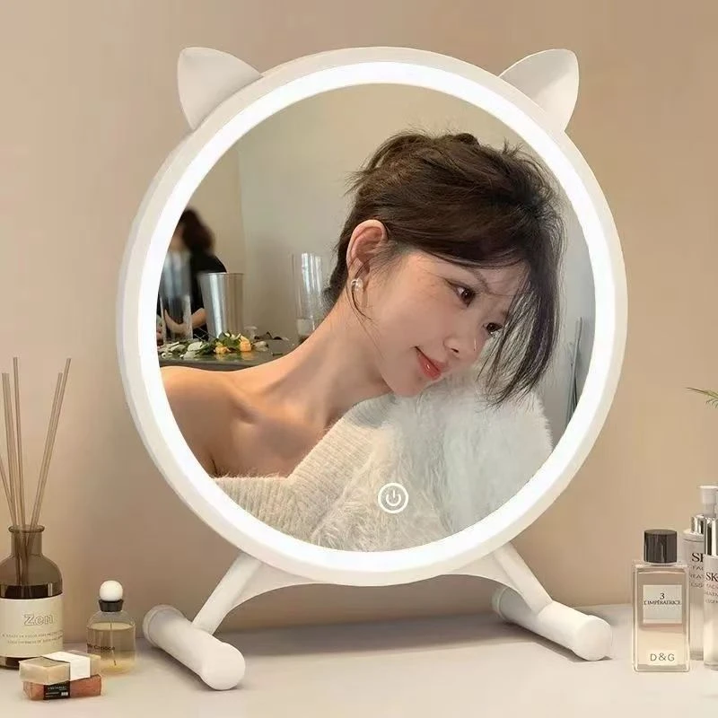 家用卧室圆形LED智能灯带梳妆台镜网红猫耳朵美女化妆镜台式桌面