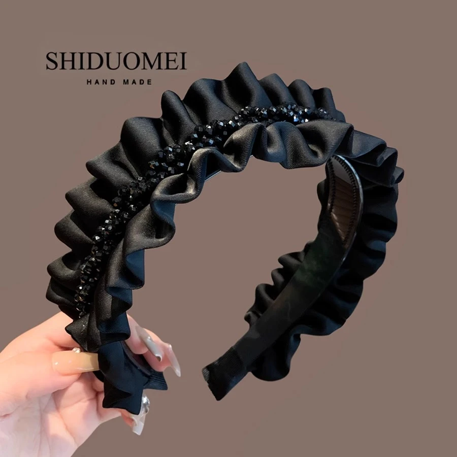 褶皱发箍女2025年新款水晶串珠头箍增高炉顶防滑带齿发卡洗脸发箍