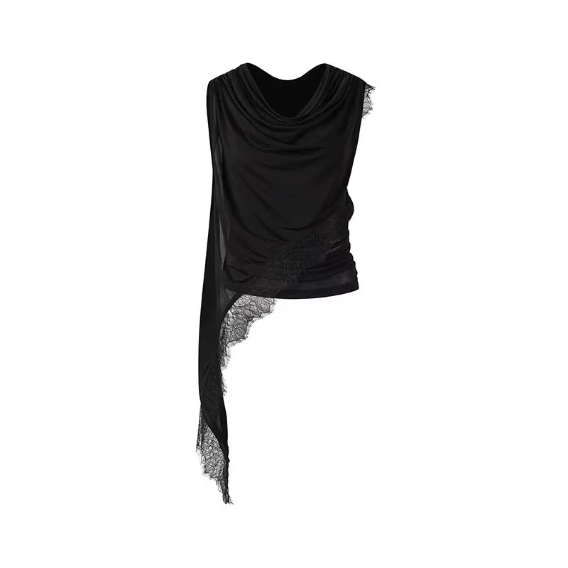 CNLEEWEI 25春夏新款蕾丝拼接飘片无袖上衣修身小背心