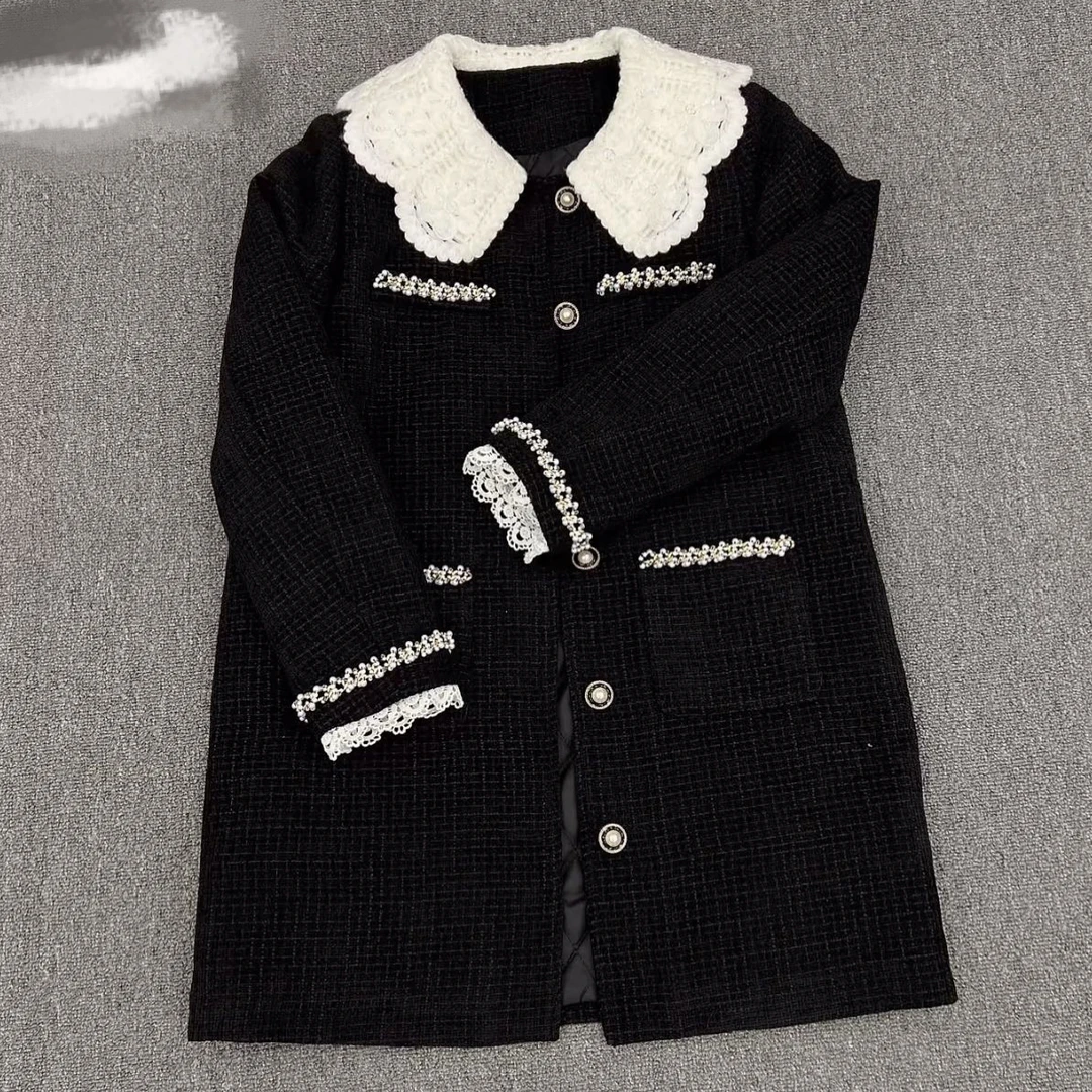 大码重工钉珠小香风花边披肩领单排扣夹棉直筒呢外套冬