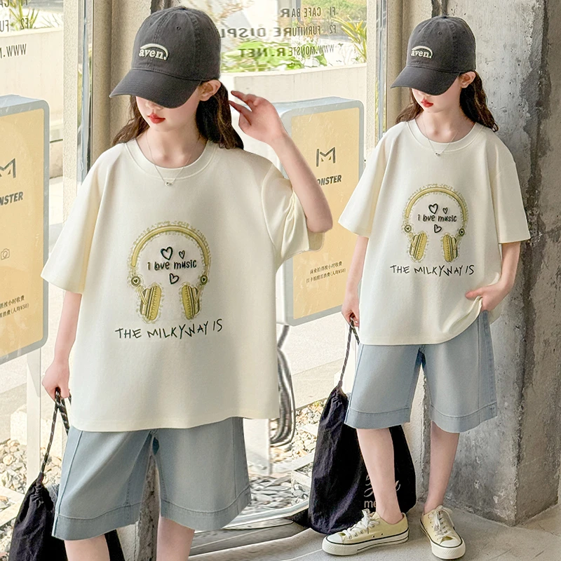 女童夏季纯棉短袖2025新款中大童韩版时尚潮流印花女孩儿童半袖潮