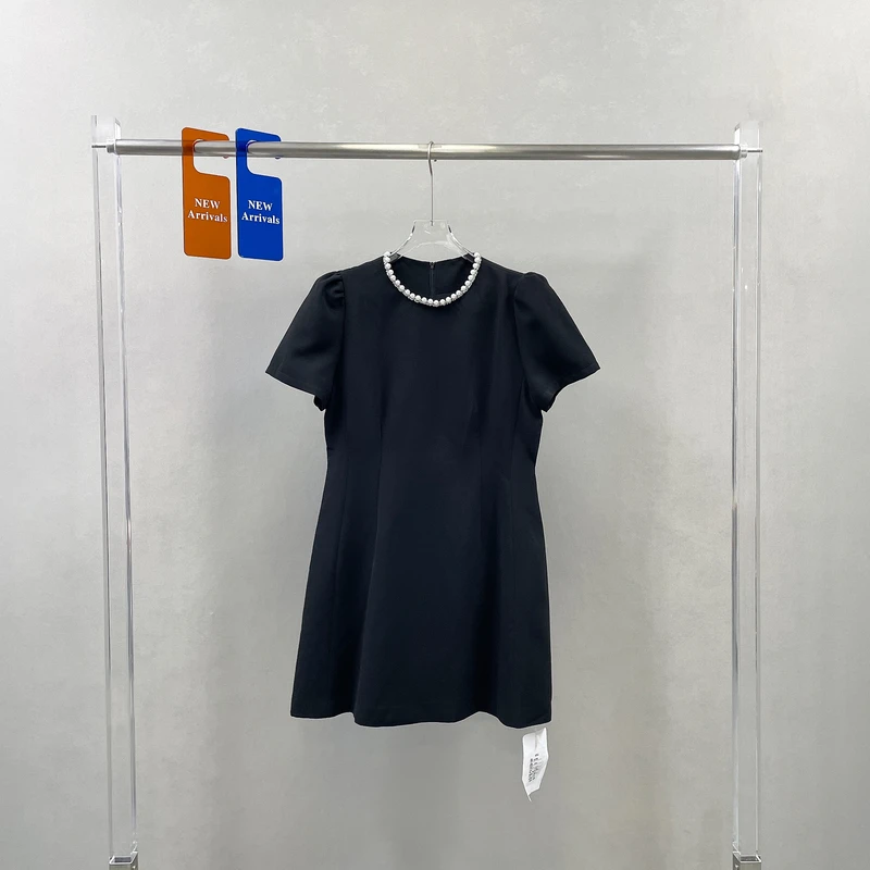 柏多伊俪法式赫本风钉珠圆领短袖连衣裙女收腰显瘦气质小黑裙0559