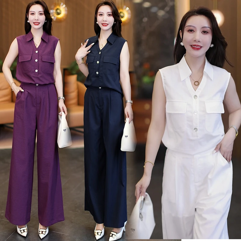 时尚套装女夏季薄款2025新款气质高级感无袖衬衣阔腿裤减龄两件套