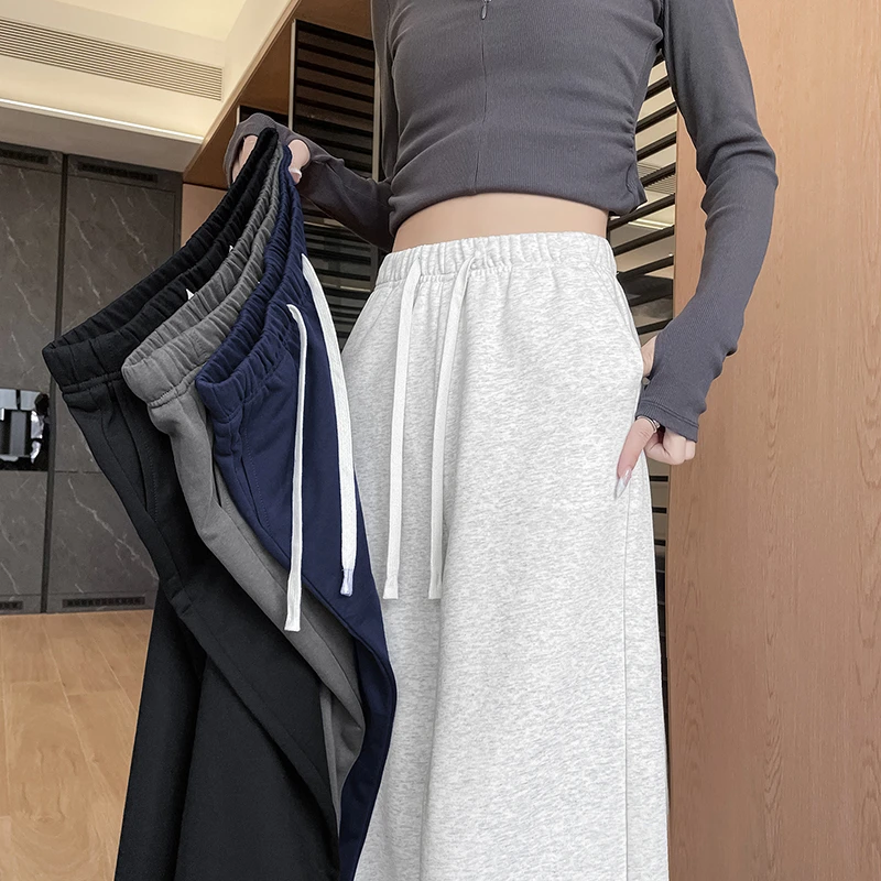 韩系白灰色阔腿裤女春秋季2025新款高腰松紧腰垂感运动直筒卫裤子