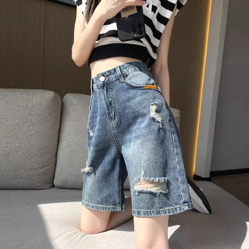 复古破洞牛仔短裤女夏季薄款潮流宽松阔腿显瘦小个子直筒乞丐短裤