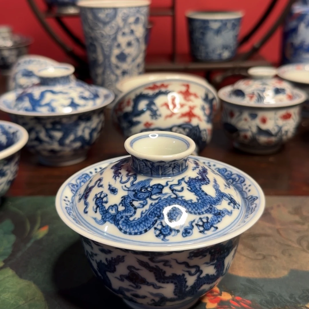 甫***善摆件柴窑青花龙纹盖碗，盖子微缩釉